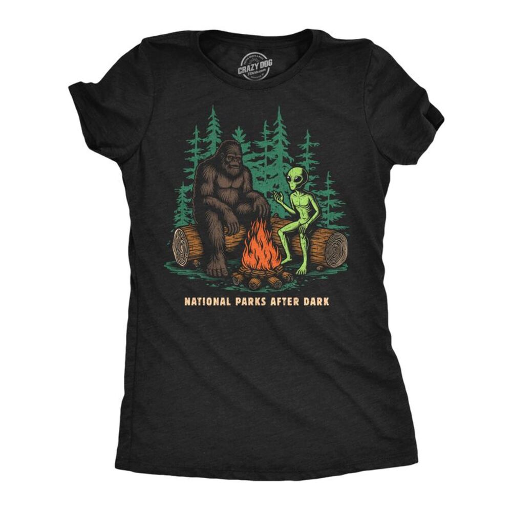 Womens Funny T Shirts National Parks After Dark Sarcastic Bigfoot Alien Graphic